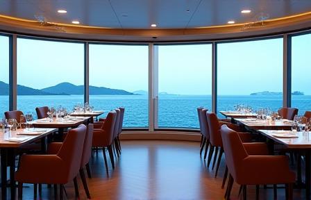 Restaurant interior on a ferry with tables and large windows