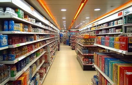 Duty-free shop on a ferry with shelves of products